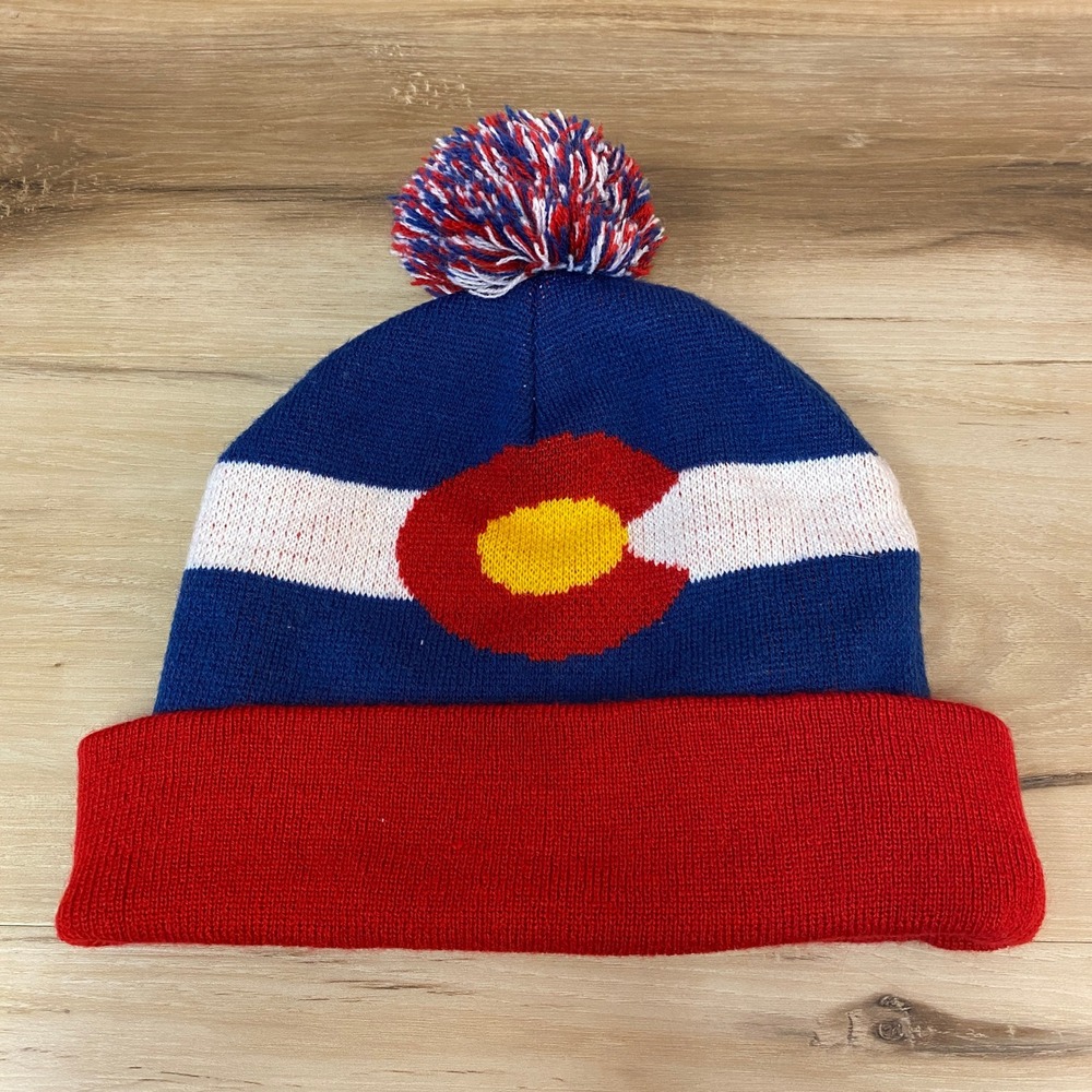 Colorado Flag Beanie Hat Men's Blue Red White Cuffed‎ Pom Pom Winter